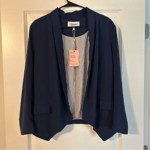Quince Navy Open Draped-Front Blazer with Stripe Lining
